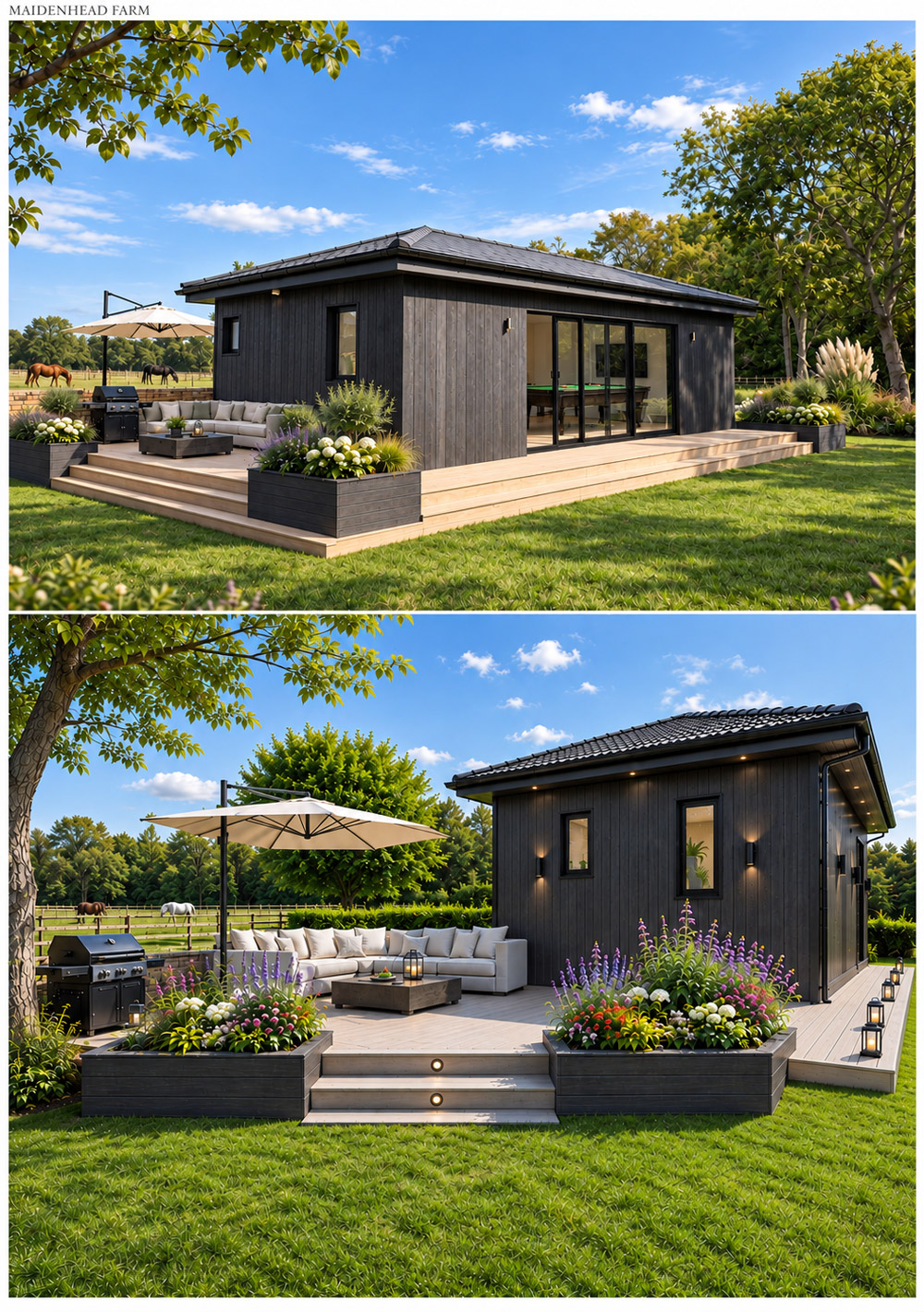 Proposed next phase of the bespoke Maidenhead garden room with extended composite decking, outdoor seating, barbecue area and landscaped planters