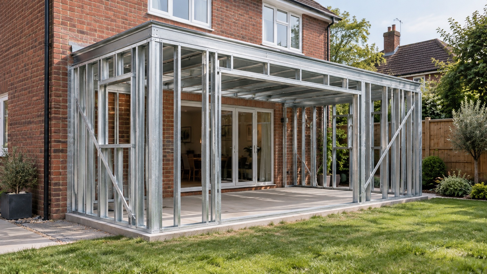 AI-generated concept of a galvanised light gauge steel frame rear extension attached to a brick house