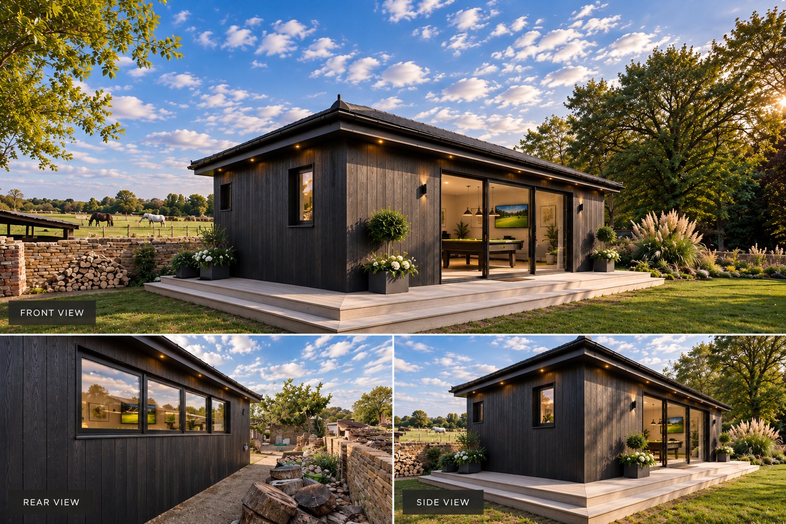 Front, rear and side views of the finished Maidenhead Farm garden room