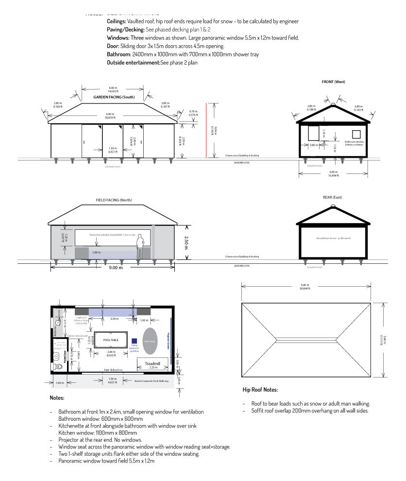 Garden room elevations and floor plan drawn to permitted development Class E height limits