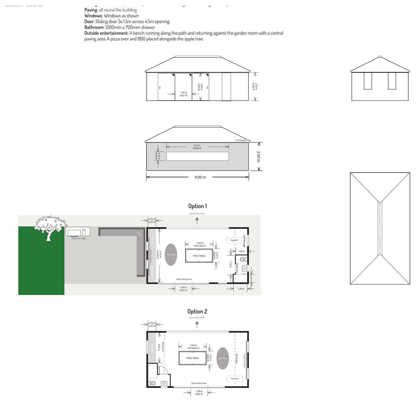 Garden room design options drawing showing alternative floor plan layouts and roof plan