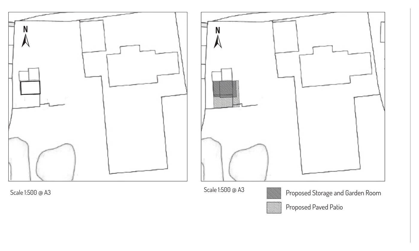 Existing and proposed block plans for a garden room planning application
