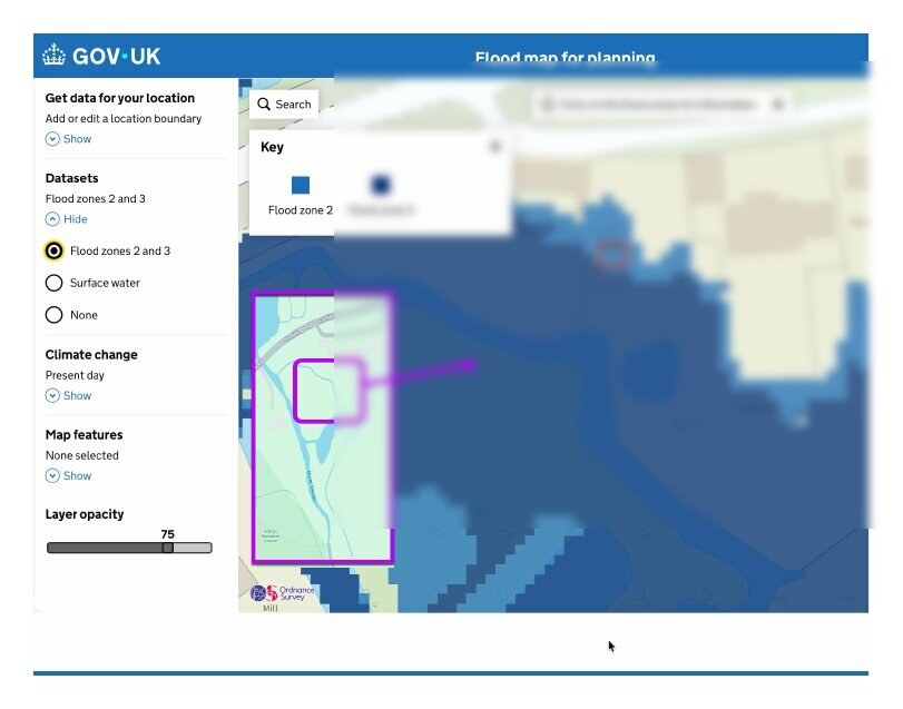 Environment Agency Flood Map for Planning screenshot showing the garden room site in Flood Zone 2