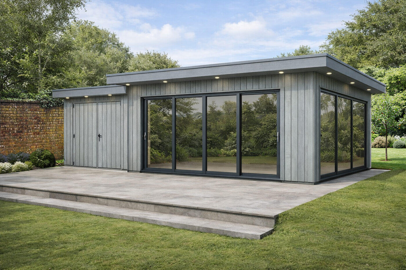 Photo-realistic planning render of the approved garden room with composite cladding and sliding doors