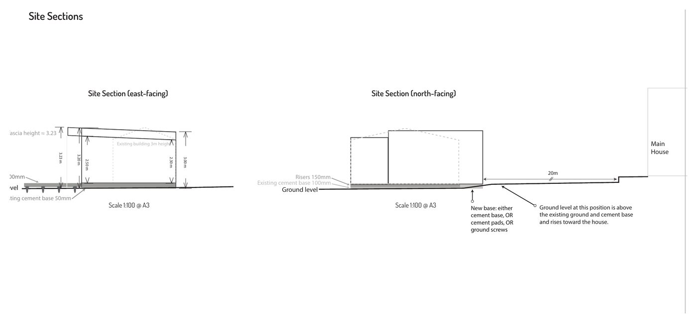 Site sections drawing showing garden room height, ground levels and relationship to the main house